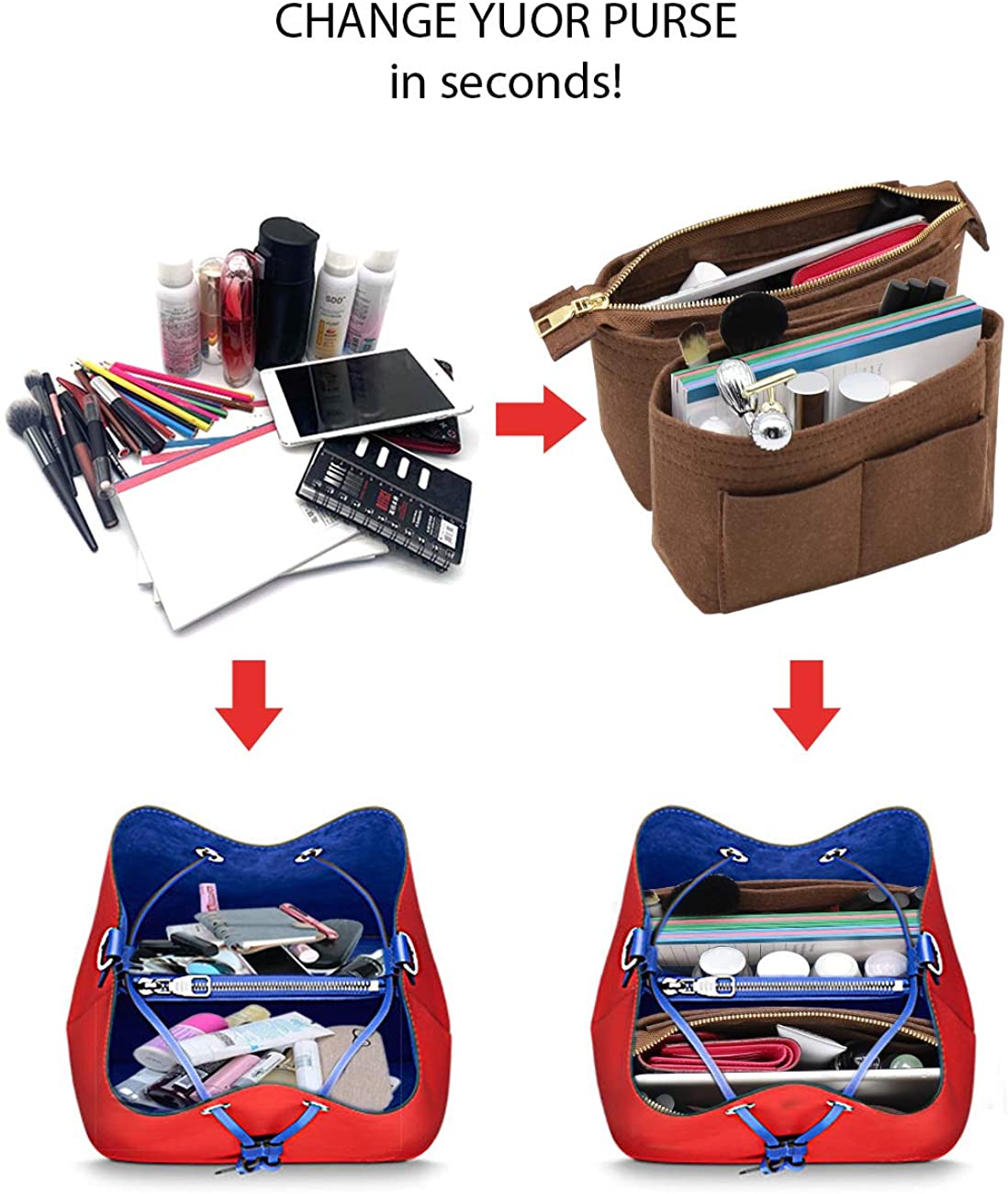 LEXSION Organizer,Bag Organizer,Insert purse organizer with 2 packs in one set fit LV NeoNoe Noé Series perfectly
