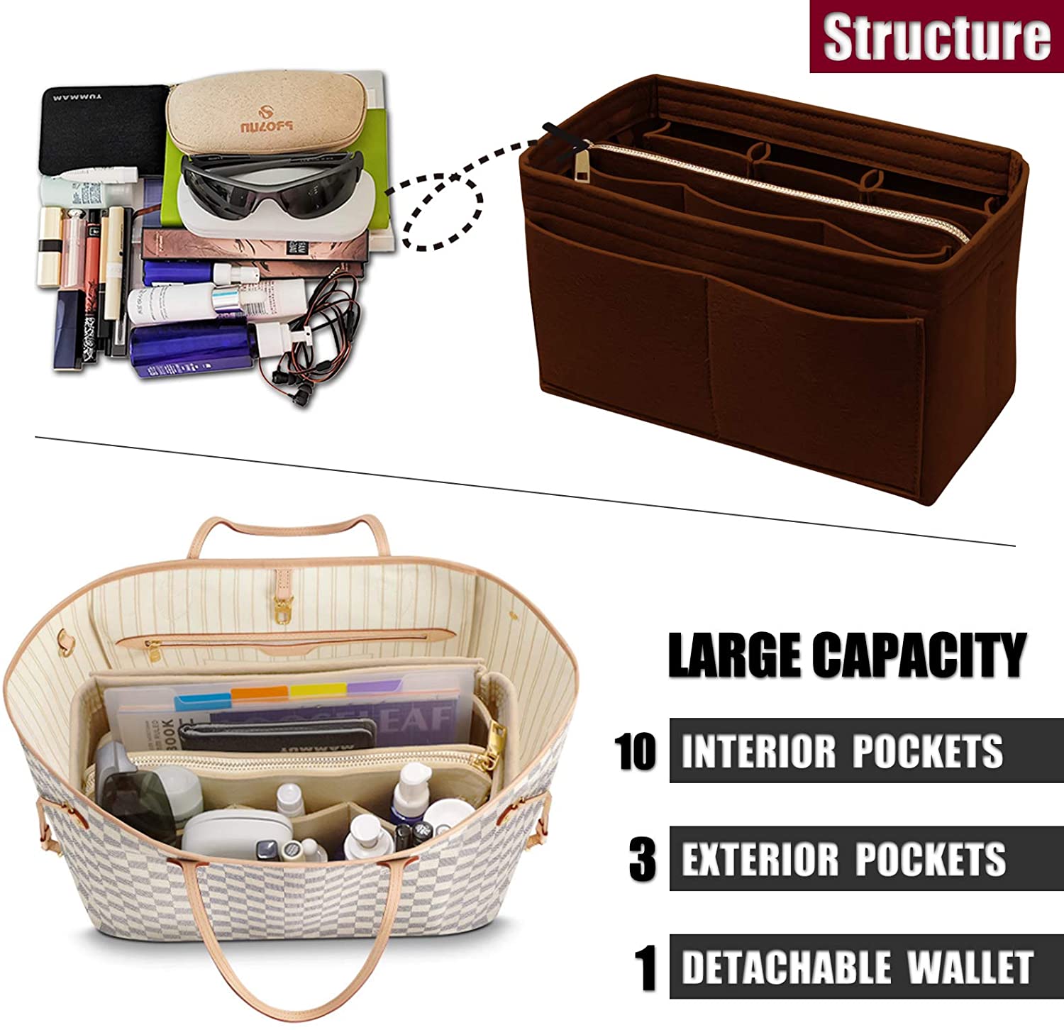 Purse Organizer Insert with Zipper Felt Bag Organizer Handbag Organizer Insert Bag In Bag Organizer