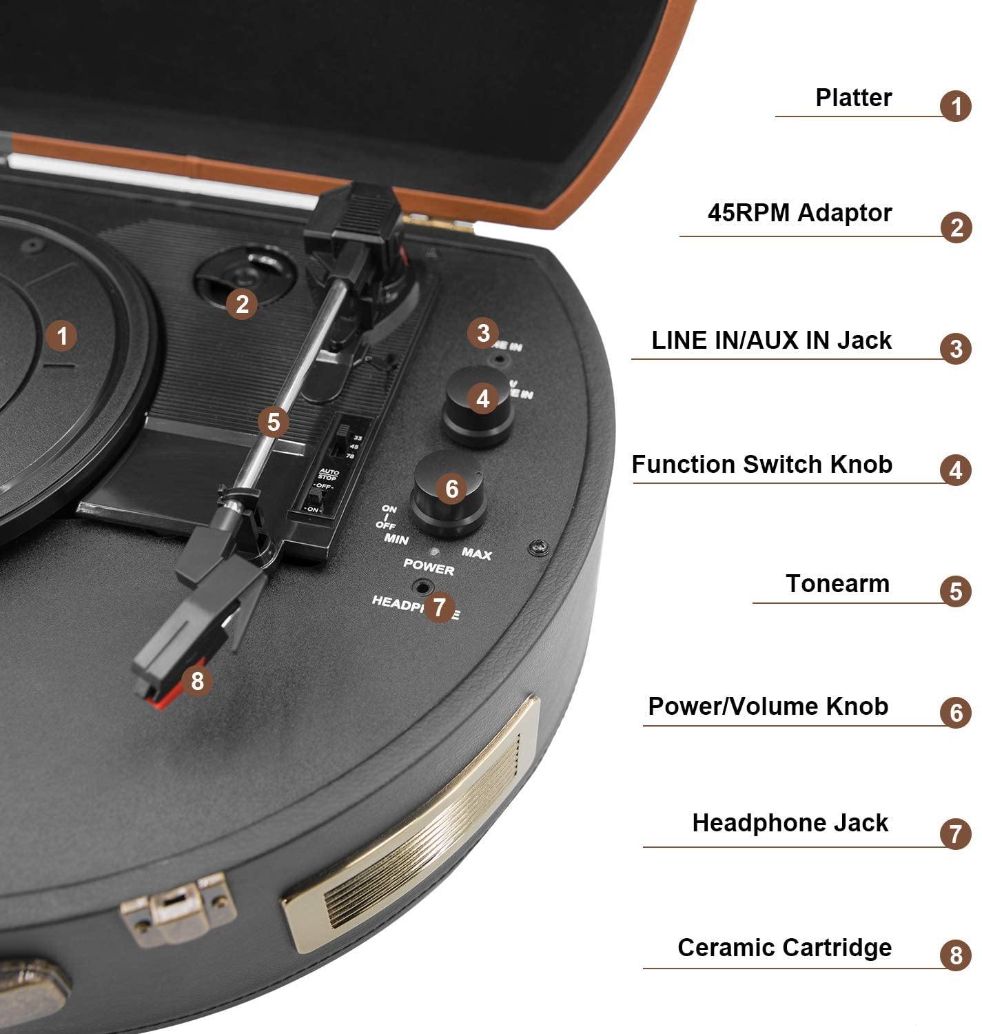 Bluetooth Record Player 3 Speed Craftmanship Turntable with Built-in Premium Speakers Support USB Playback/Recording (Black)… - JOY2ESpree
