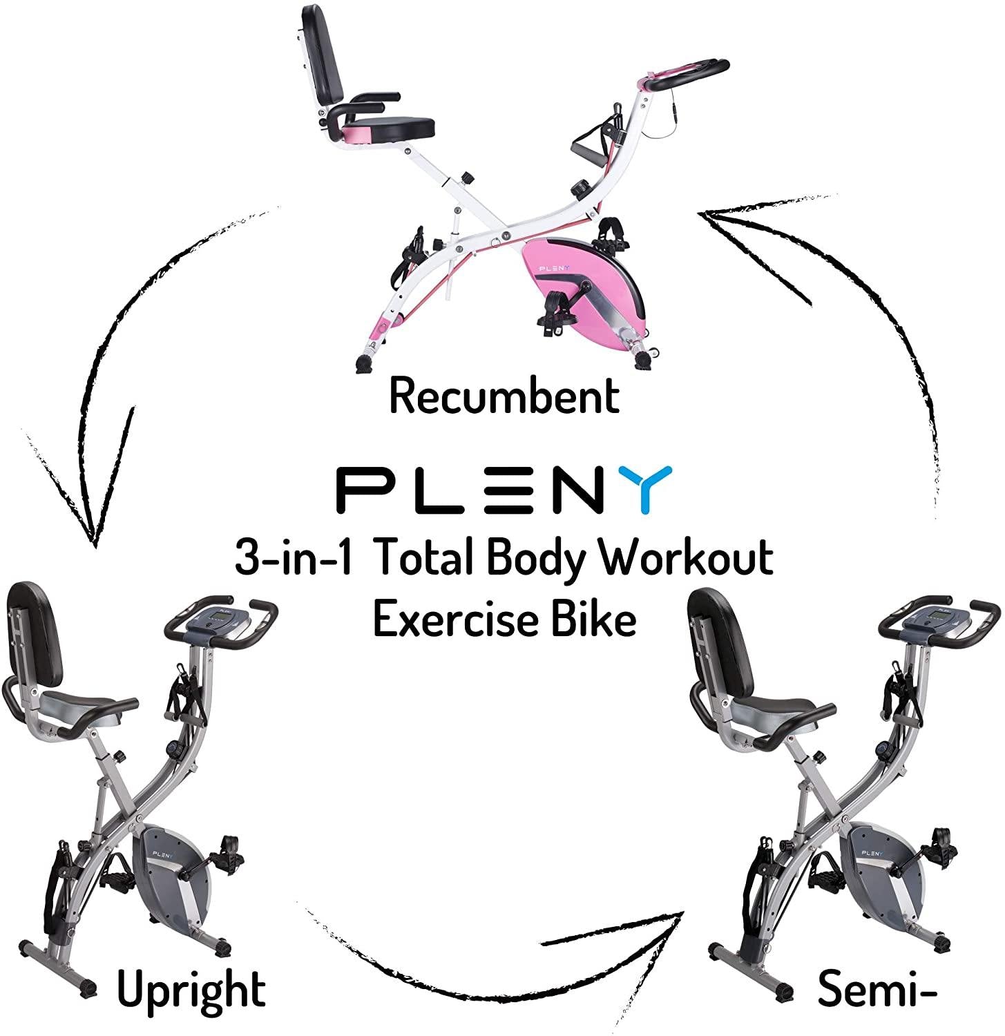 PLENY 3-in-1 Total Body Workout Exercise Bike w/Backlit Screen, High Backrest, Adjustable Resistance Bands for Arm & Leg, and 300 lbs Weight Support - JOY2ESpree