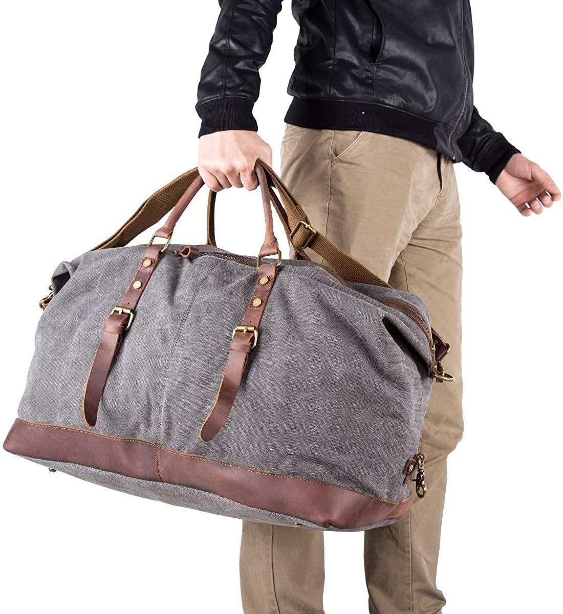 BAOSHA Canvas PU Leather Travel Tote Duffel Bag Carry on Bag Weekender Overnight Bag - JOY2ESpree