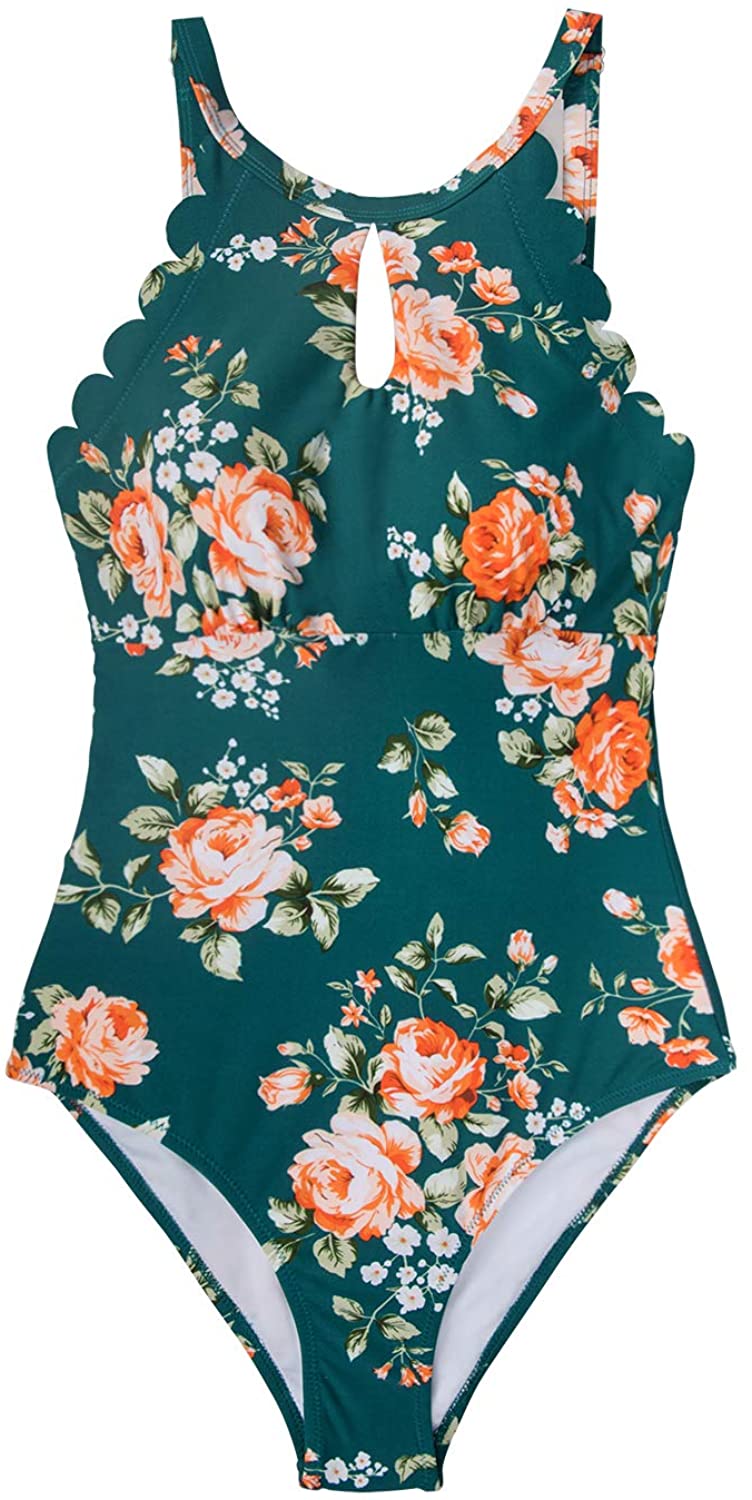 CUPSHE Women's One Piece Swimsuit Floral Print High Neck Scallop Bathing Suit