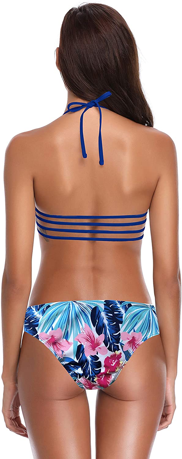 SHEKINI Women's Floral Printing Cutout Strappy Halter Swimsuits Bikini Suits