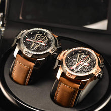 
                        
                          Load image into Gallery viewer, Reef Tiger Mens Sport Mechanical Watches with Steel Black Dial Automatic Watch Calfskin Leather Strap RGA3591
                        
                      