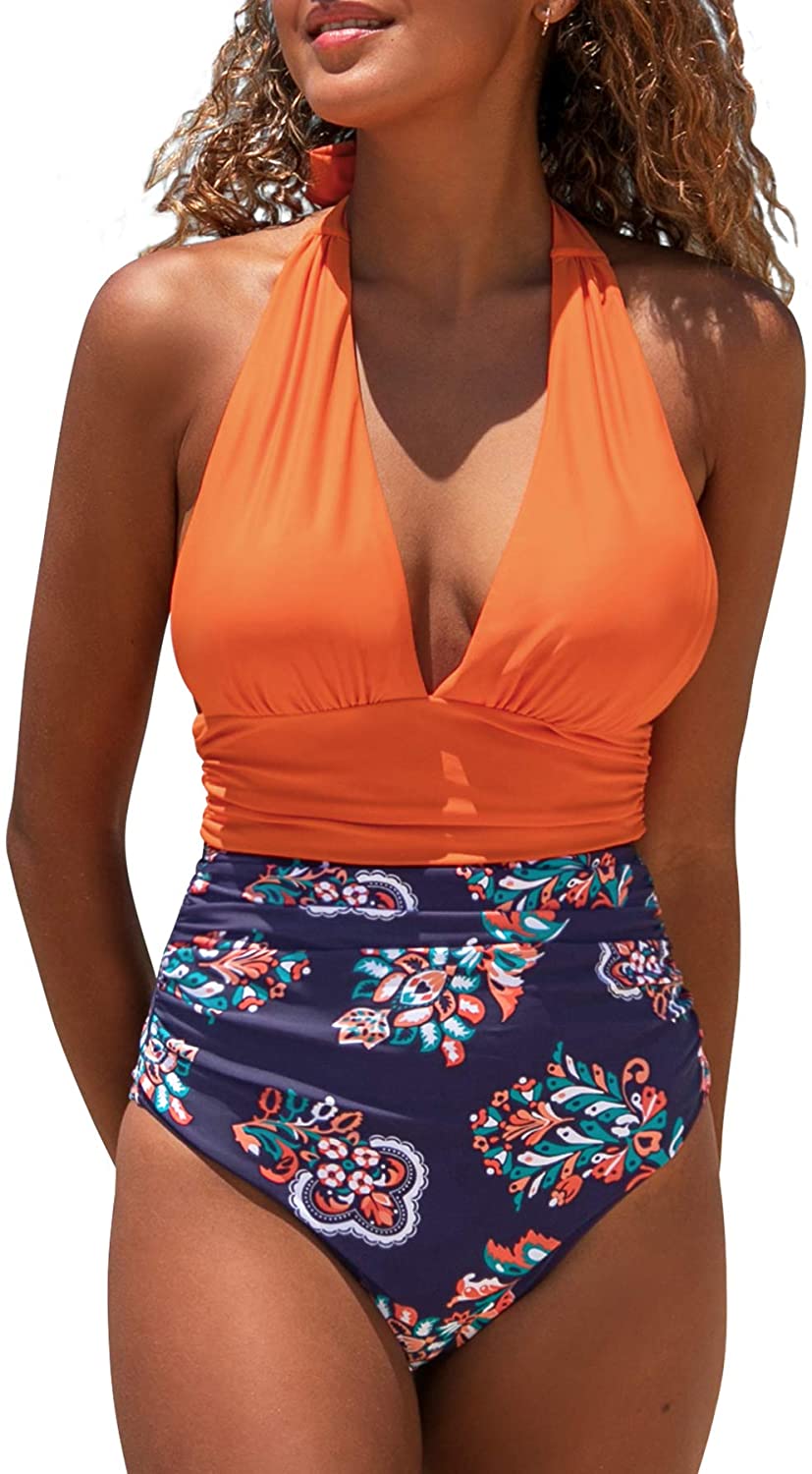 CUPSHE Women's Halter One Piece Swimsuit Keeping You Accompained Swimwear