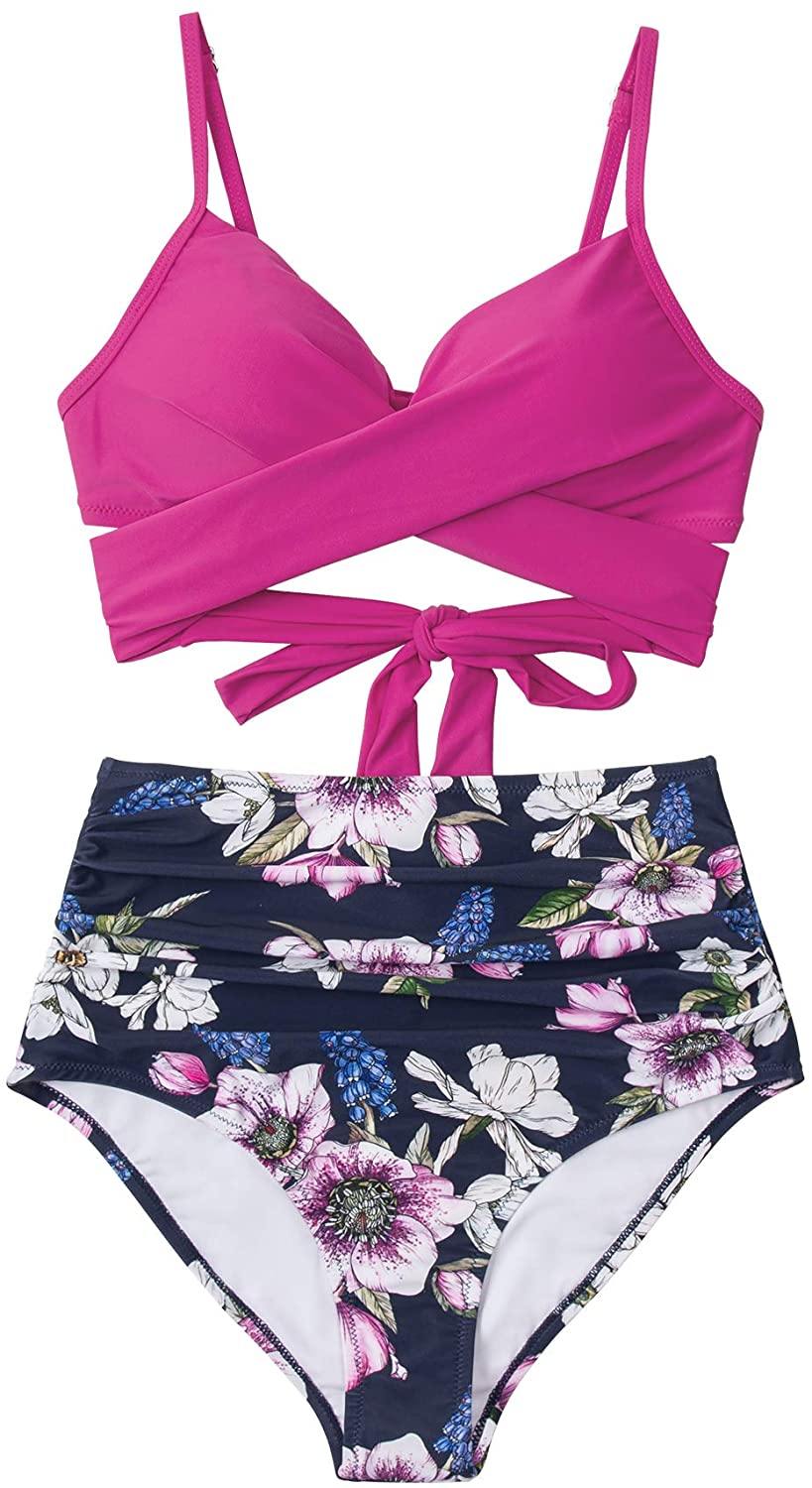 CUPSHE Women's High Waist Bikini Swimsuit Floral Print Tie Two Piece Bathing Suit - JOY2ESpree