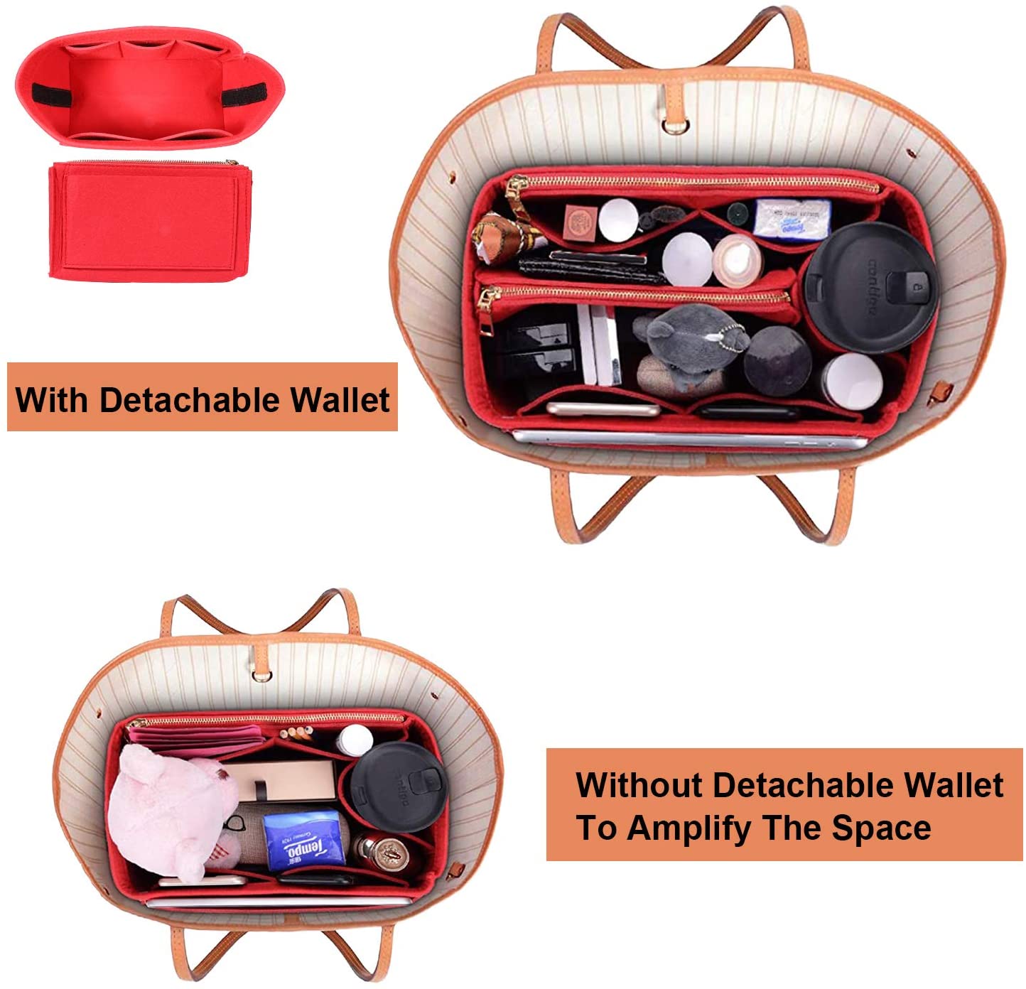 MA STRAP Purse Organizer with Detachable Zipper Pouch Multipurpose Felt Insert Bag Fit Speedy Neverfull Longchamp Tote