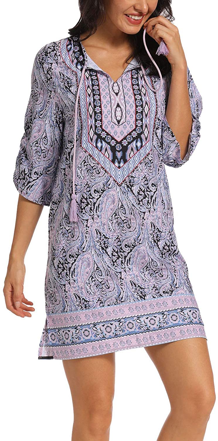 Women Bohemian Neck Tie Vintage Printed Ethnic Style Summer Shift Dress