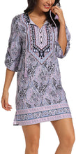 
                        
                          Load image into Gallery viewer, Women Bohemian Neck Tie Vintage Printed Ethnic Style Summer Shift Dress
                        
                      