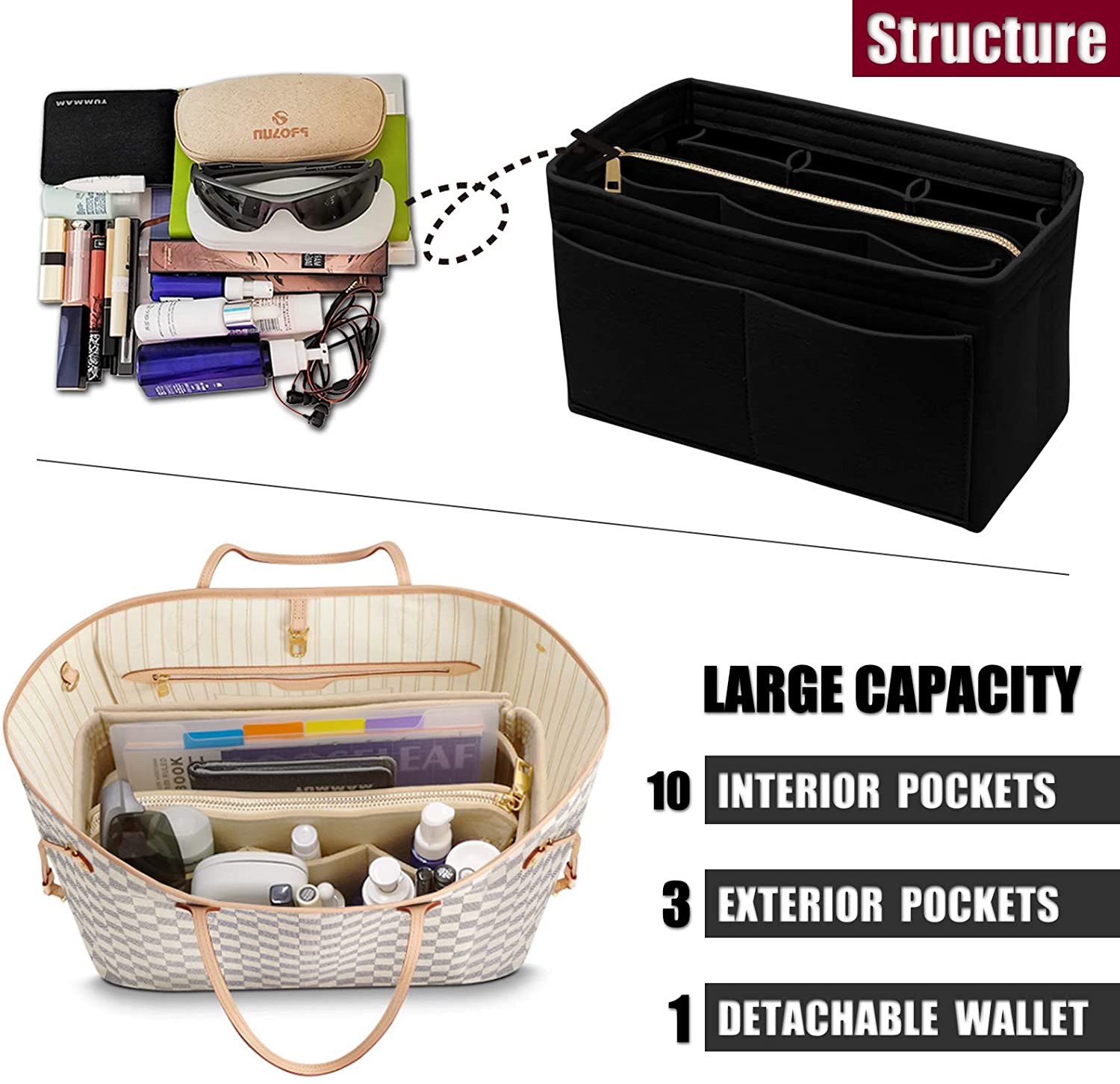 Purse Organizer Insert with Zipper Felt Bag Organizer Handbag Organizer Insert Bag In Bag Organizer