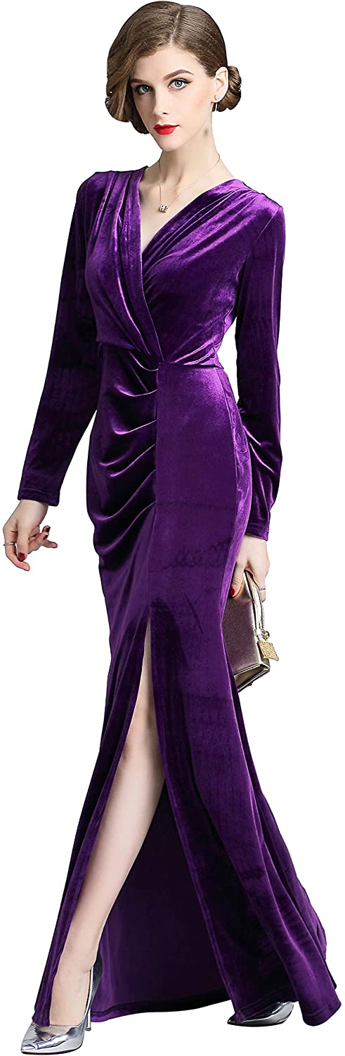 Ababalaya Long Sleeve Wrap Velvet Long Formal Dresses Cocktail Dress