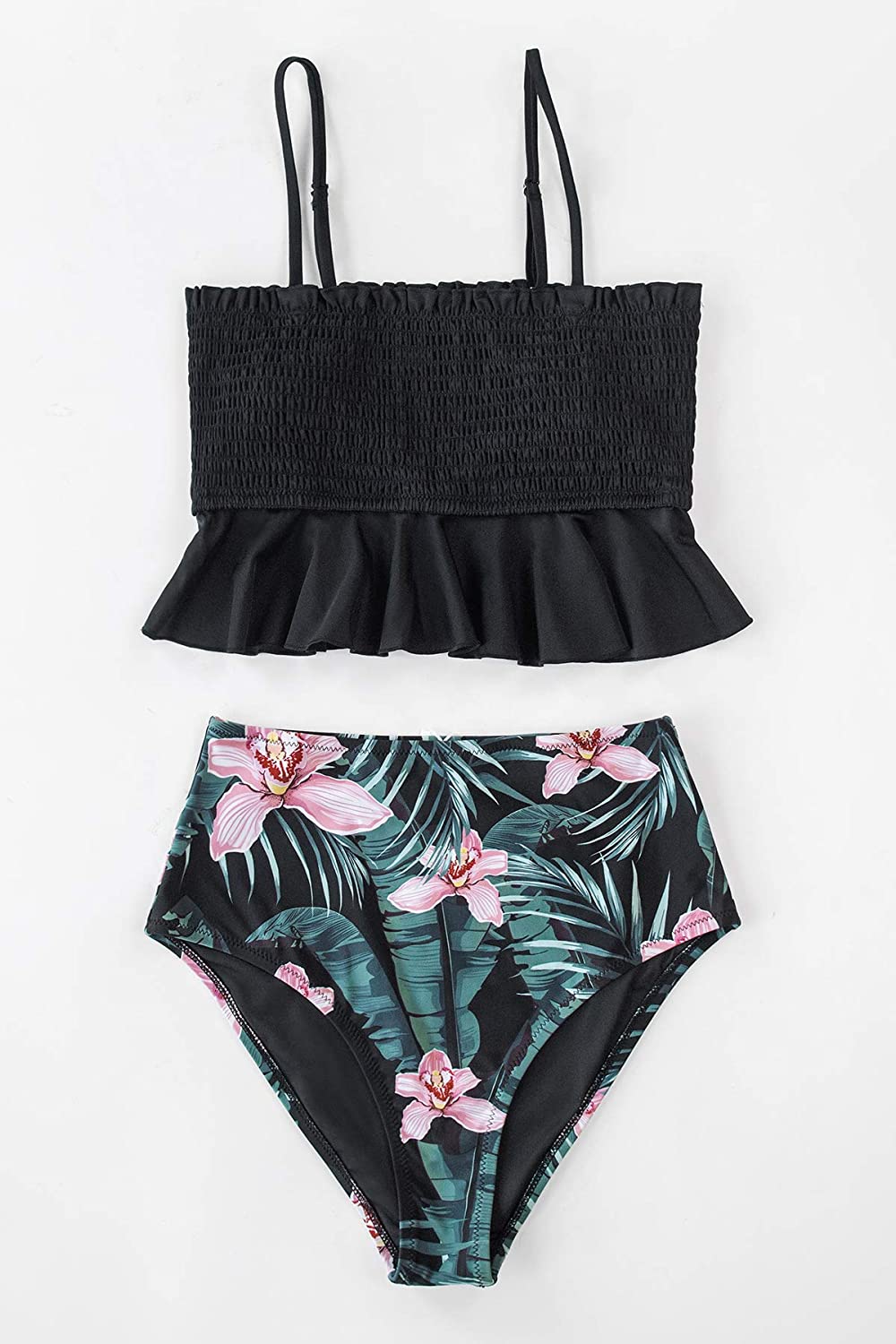CUPSHE Women's High Waist Bikini Swimsuit Ruffle Smock Floral Print Two Piece Bathing Suit