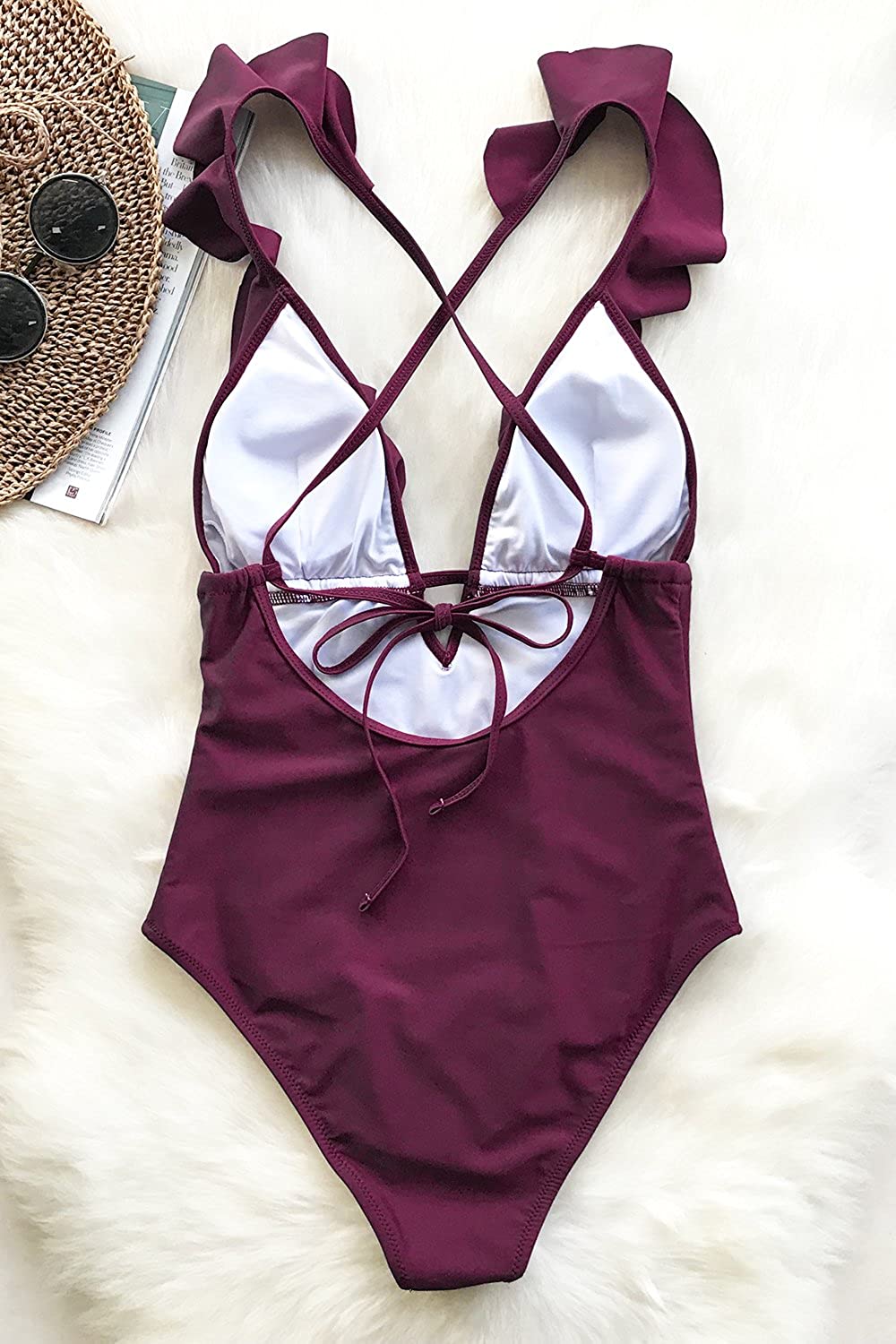 CUPSHE Women's One Piece Swimsuit Ruffle Deep V Neck Strappy Swimwear Bathing Suits