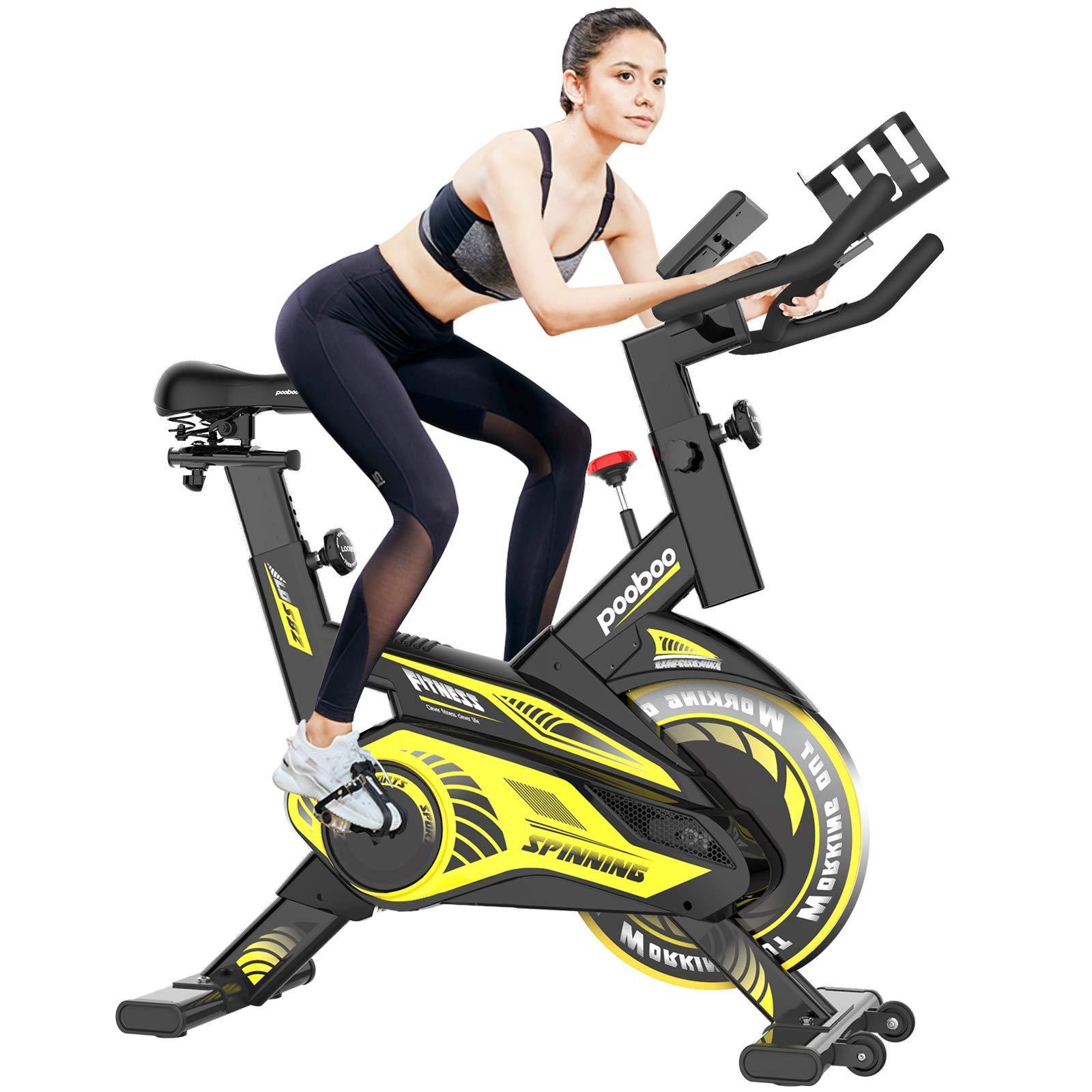 Pooboo Indoor Cycling Bike Belt Drive Exercise Bike Stationary with Comfortable Seat Cushion, Tablet Holder and LCD Monitor for Home Workout - JOY2ESpree