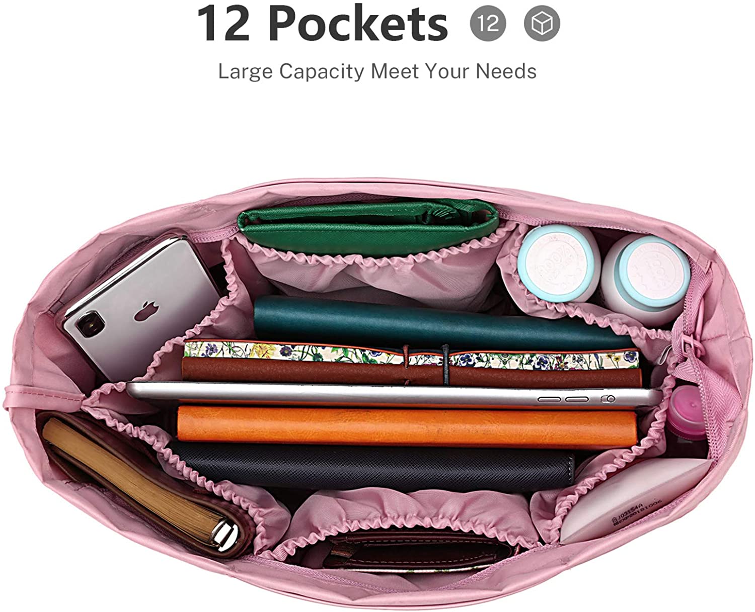 bridawn Nylon Tote Organizer Purse Insert Pocketbook Organizer Insert Handbag Divider with Handles Zipper Closure