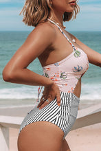 
                        
                          Load image into Gallery viewer, CUPSHE Women's Black Floral Print Halter Cutout High Waist One Piece Swimsuit
                        
                      