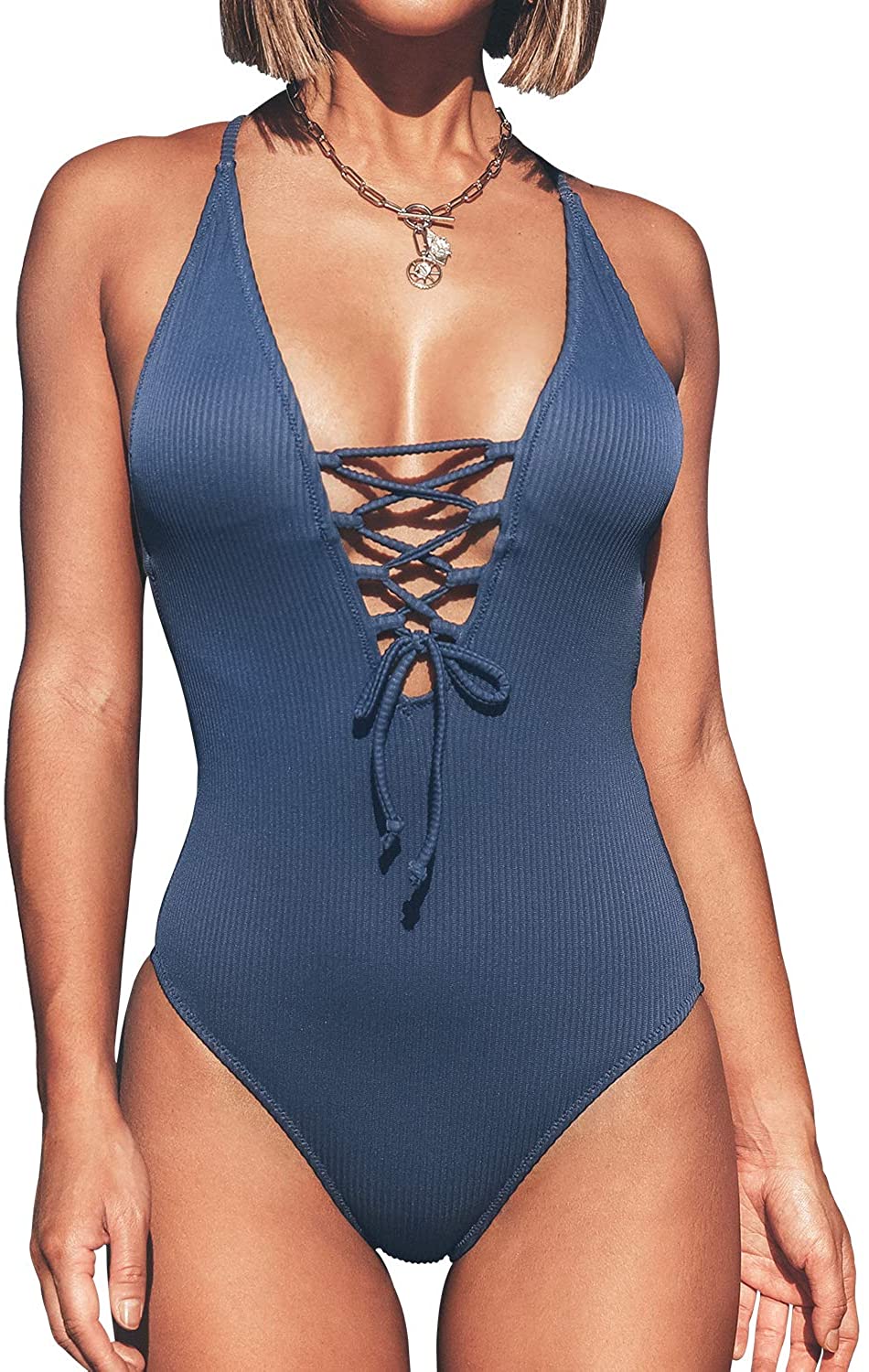 CUPSHE Women's Solid Color V Neck Lace Up One Piece Swimsuit