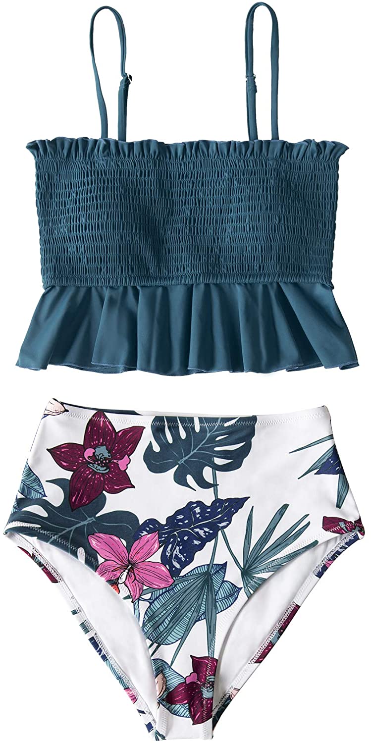 CUPSHE Women's High Waist Bikini Swimsuit Ruffle Smock Floral Print Two Piece Bathing Suit