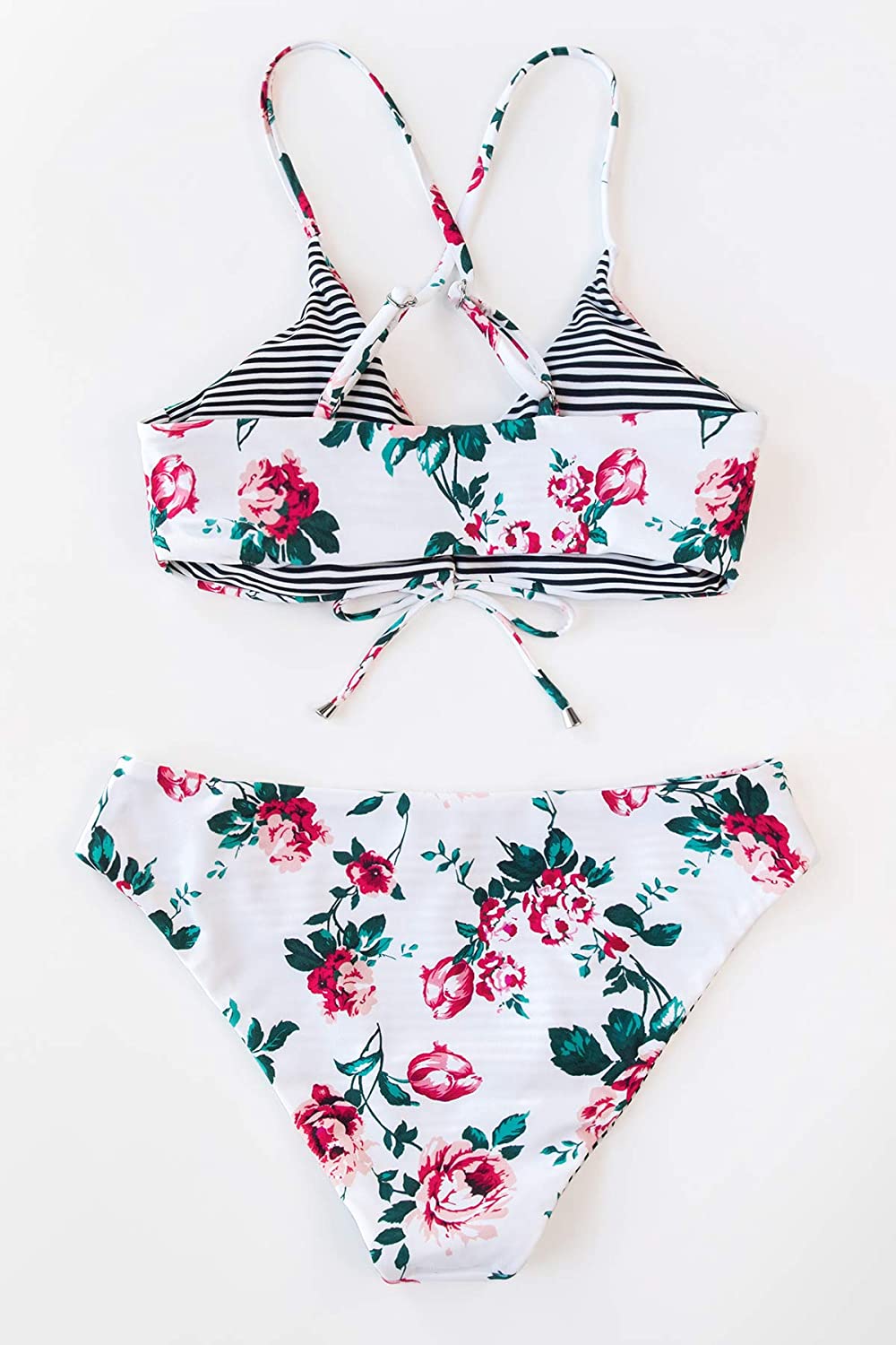 CUPSHE Women's Reversible Lace Up Bikini Sets Floral and Striped