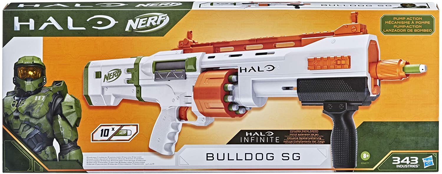 NERF Halo Bulldog SG Dart Blaster -- Pump-Action, Rotating 10-Dart Drum, Tactical Rails, 10 Official Elite Darts, Skin Unlock Code