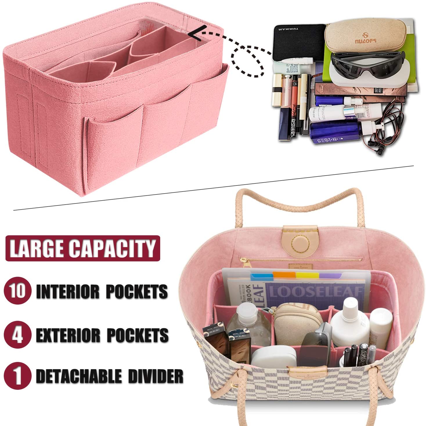 Purse Organizer Insert Felt Bag Organizer Handbag Organizer Insert for Tote fits LV Speedy Neverfull Longchamp, Grey, Medium (Medium, Pink)