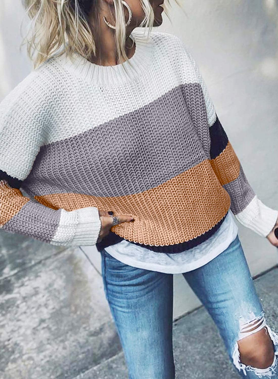 Dokotoo Womens Cute Soft Crewneck Long Sleeve Hollow Cable Knit Pullover Sweaters