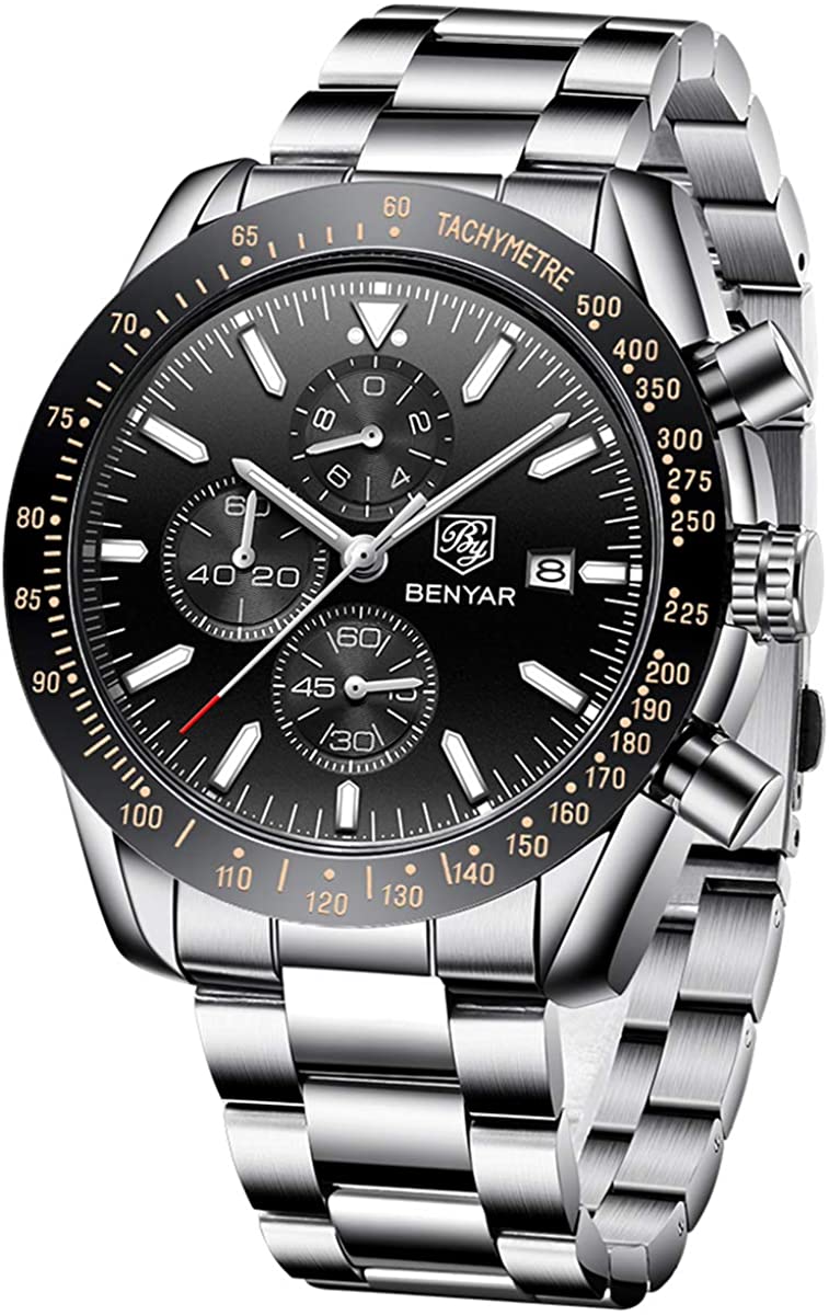 BENYAR Chronograph Mens Watch Quartz Movement 30M Waterproof | Leather Watch Strap