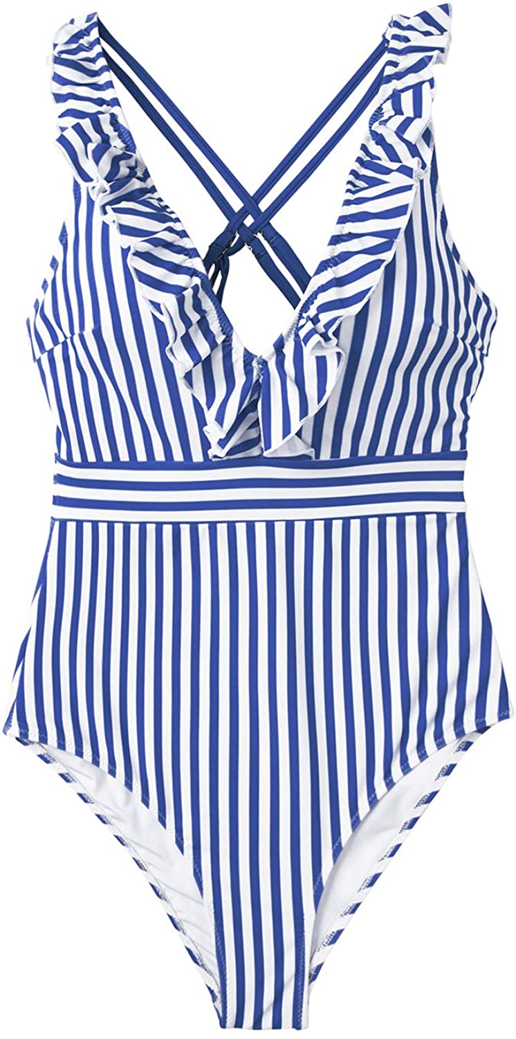 CUPSHE Women's V Neck One Piece Swimsuit Ruffled Back Cross Swimwear