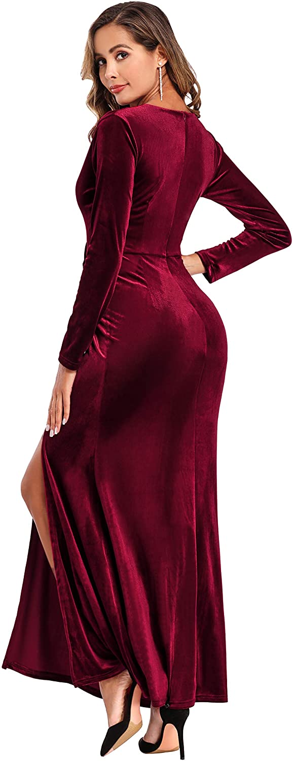 Ababalaya Long Sleeve Wrap Velvet Long Formal Dresses Cocktail Dress