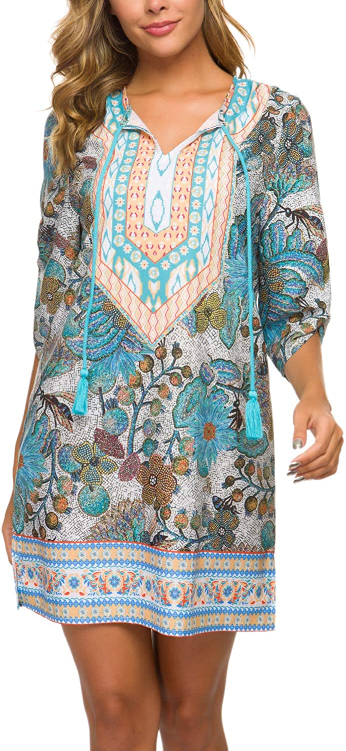 Women Bohemian Neck Tie Vintage Printed Ethnic Style Summer Shift Dress