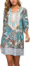 
                        
                          Load image into Gallery viewer, Women Bohemian Neck Tie Vintage Printed Ethnic Style Summer Shift Dress
                        
                      