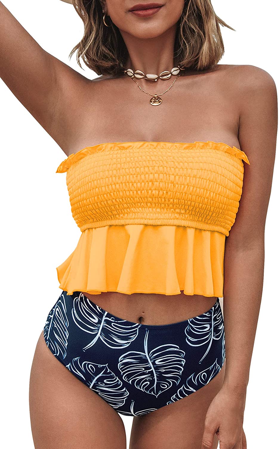CUPSHE Women's High Waist Bikini Swimsuit Ruffle Smock Floral Print Two Piece Bathing Suit