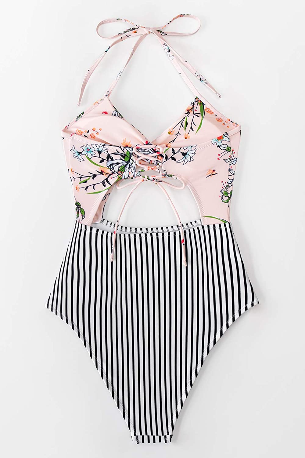 CUPSHE Women's Black Floral Print Halter Cutout High Waist One Piece Swimsuit