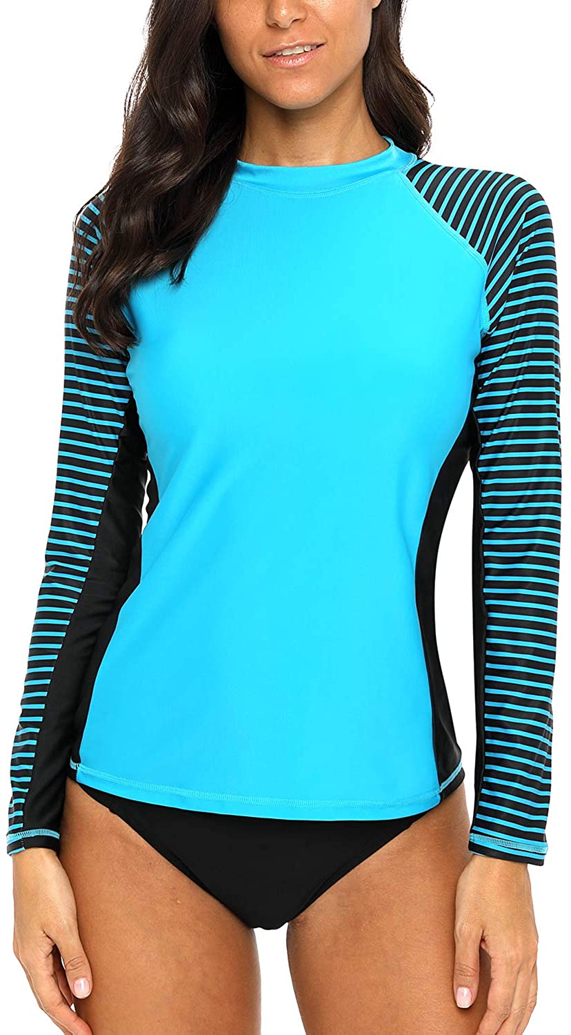 CharmLeaks Women's Long Sleeve Rashguard UPF 50 Sun Protection Swimsuit Top Striped Swim Shirts