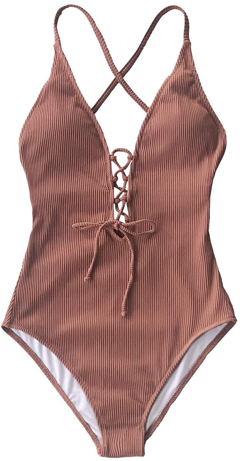 CUPSHE Women's Solid Color V Neck Lace Up One Piece Swimsuit