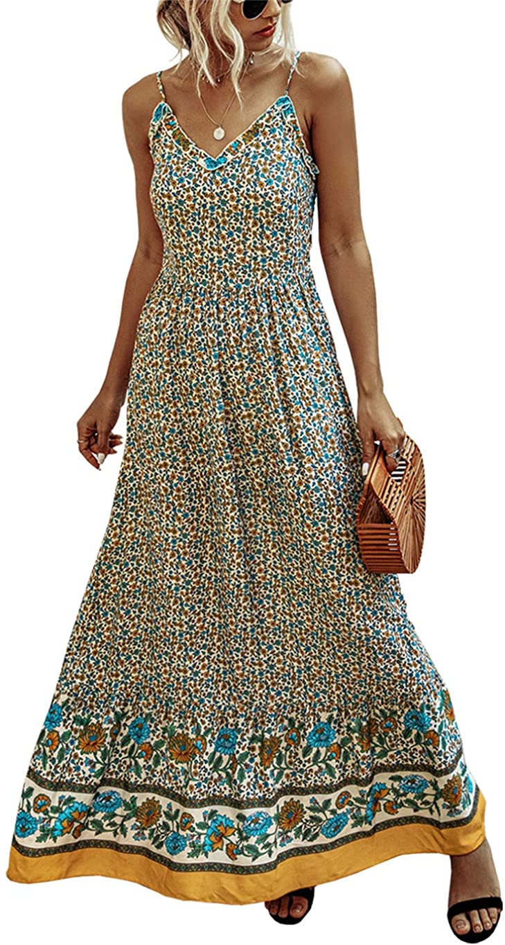 KIRUNDO 2021 Summer Women’s Spaghetti Maxi Dress V Neck High Waist Backless Dress