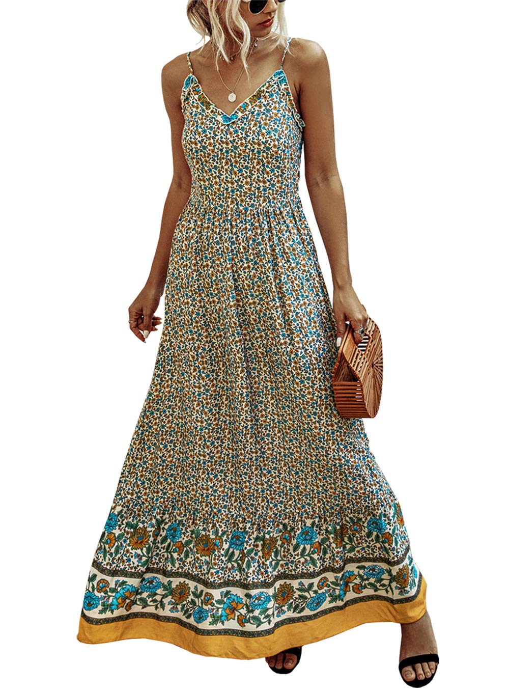 KIRUNDO 2021 Summer Women’s Spaghetti Maxi Dress V Neck High Waist Backless Dress