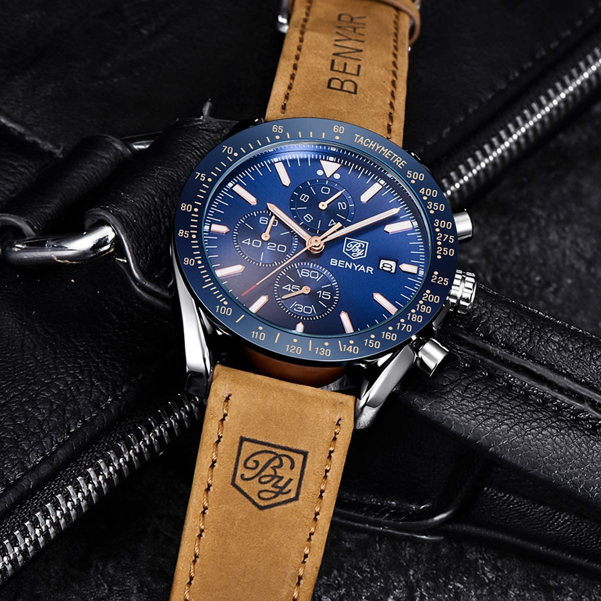 BENYAR Chronograph Mens Watch Quartz Movement 30M Waterproof | Leather Watch Strap