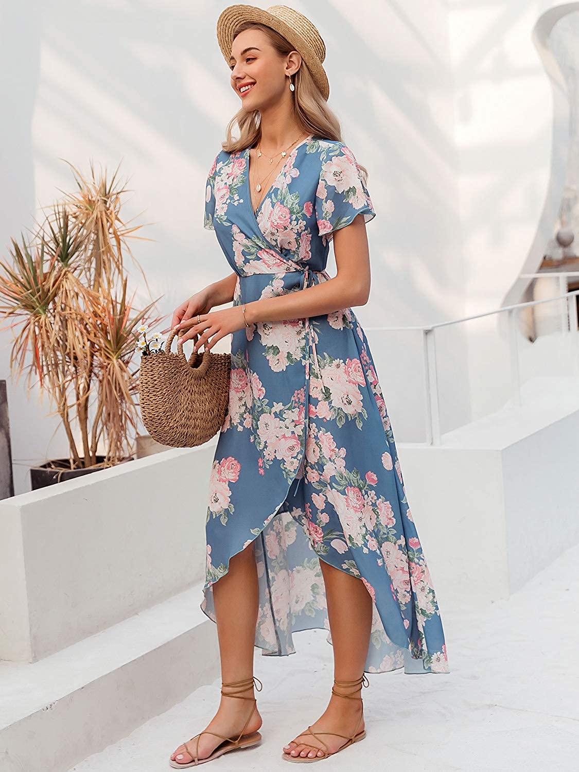 Miessial Women's Summer Chiffon V Neck Ruffle Maxi Dress Polka Dot Long Beach Wrap Dress