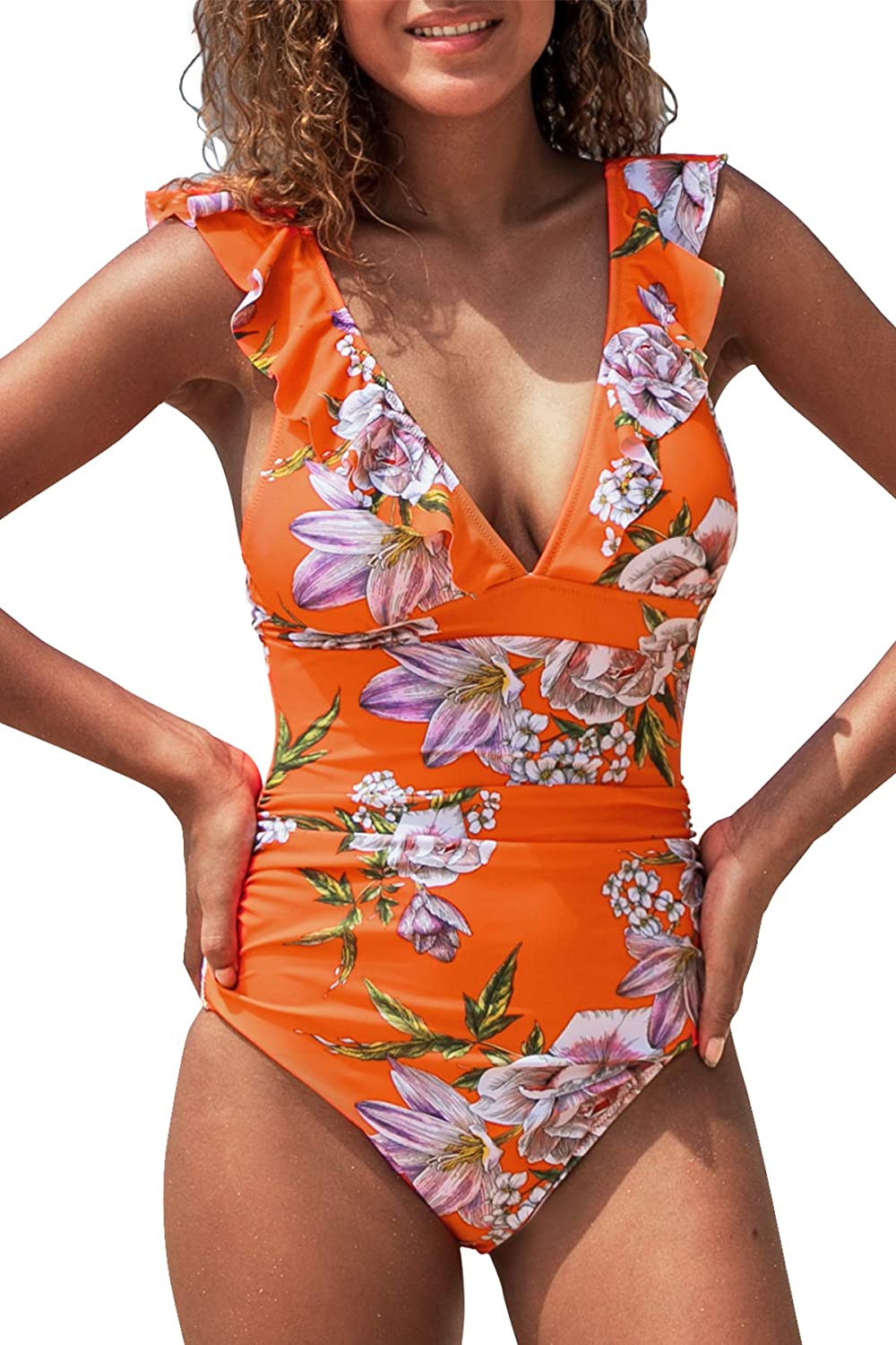 CUPSHE Women's V Neck One Piece Swimsuit Ruffled Lace Up Monokini