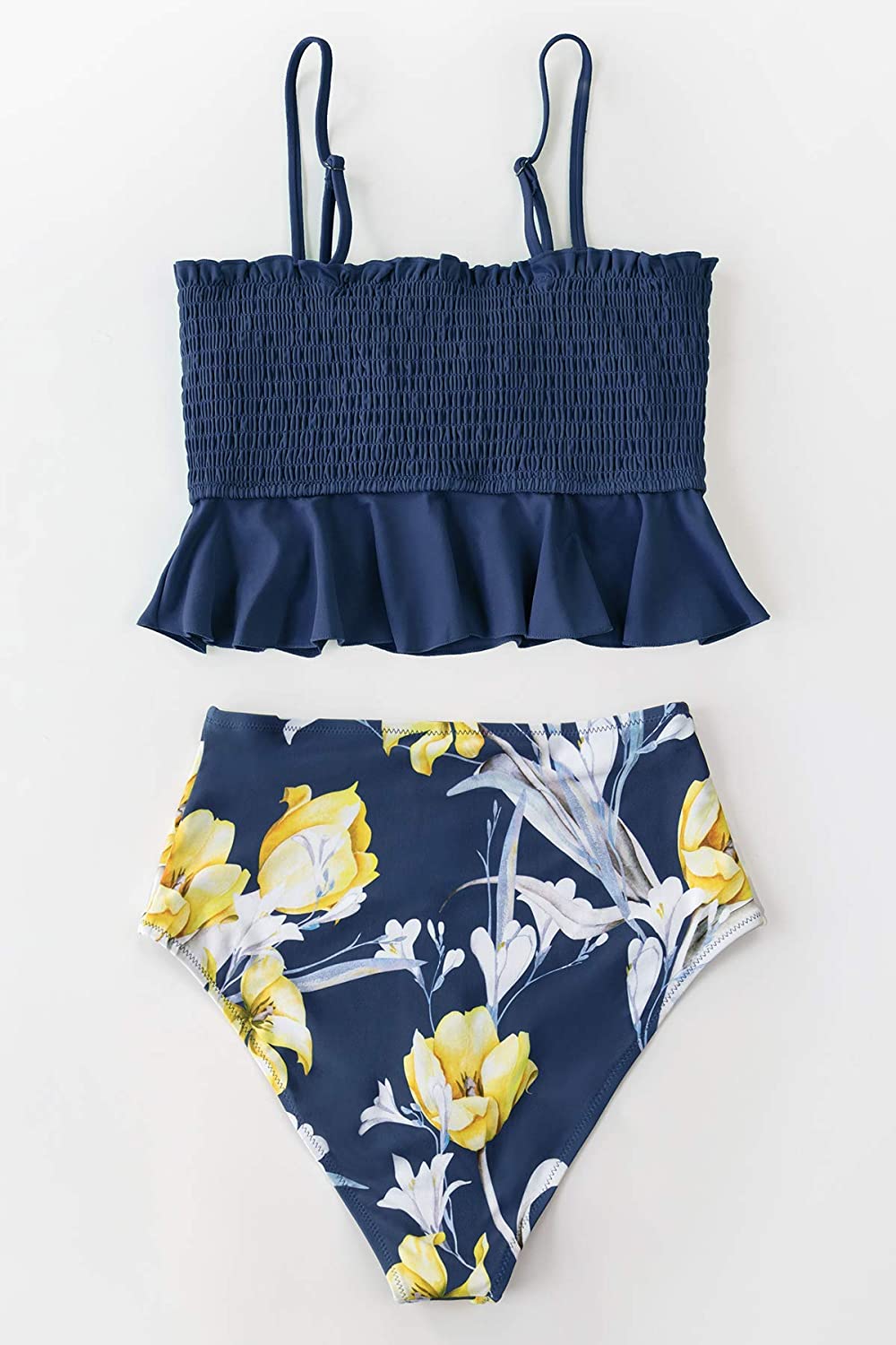 CUPSHE Women's High Waist Bikini Swimsuit Ruffle Smock Floral Print Two Piece Bathing Suit