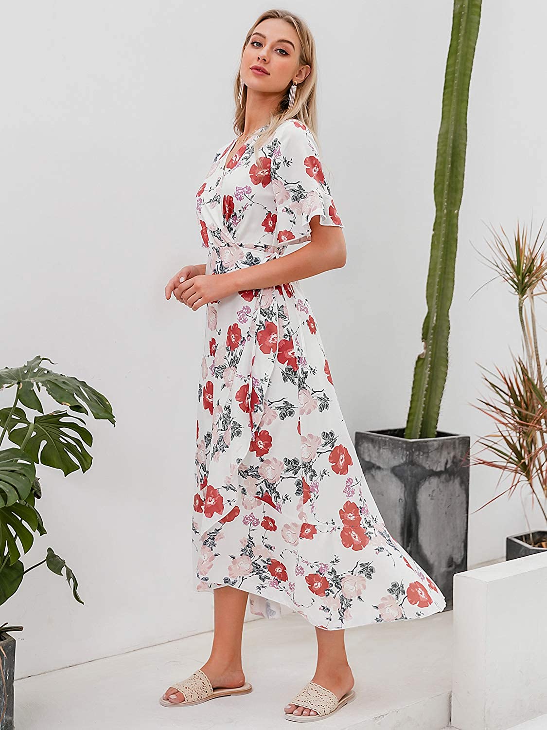 Miessial Women's Summer Chiffon V Neck Ruffle Maxi Dress Polka Dot Long Beach Wrap Dress