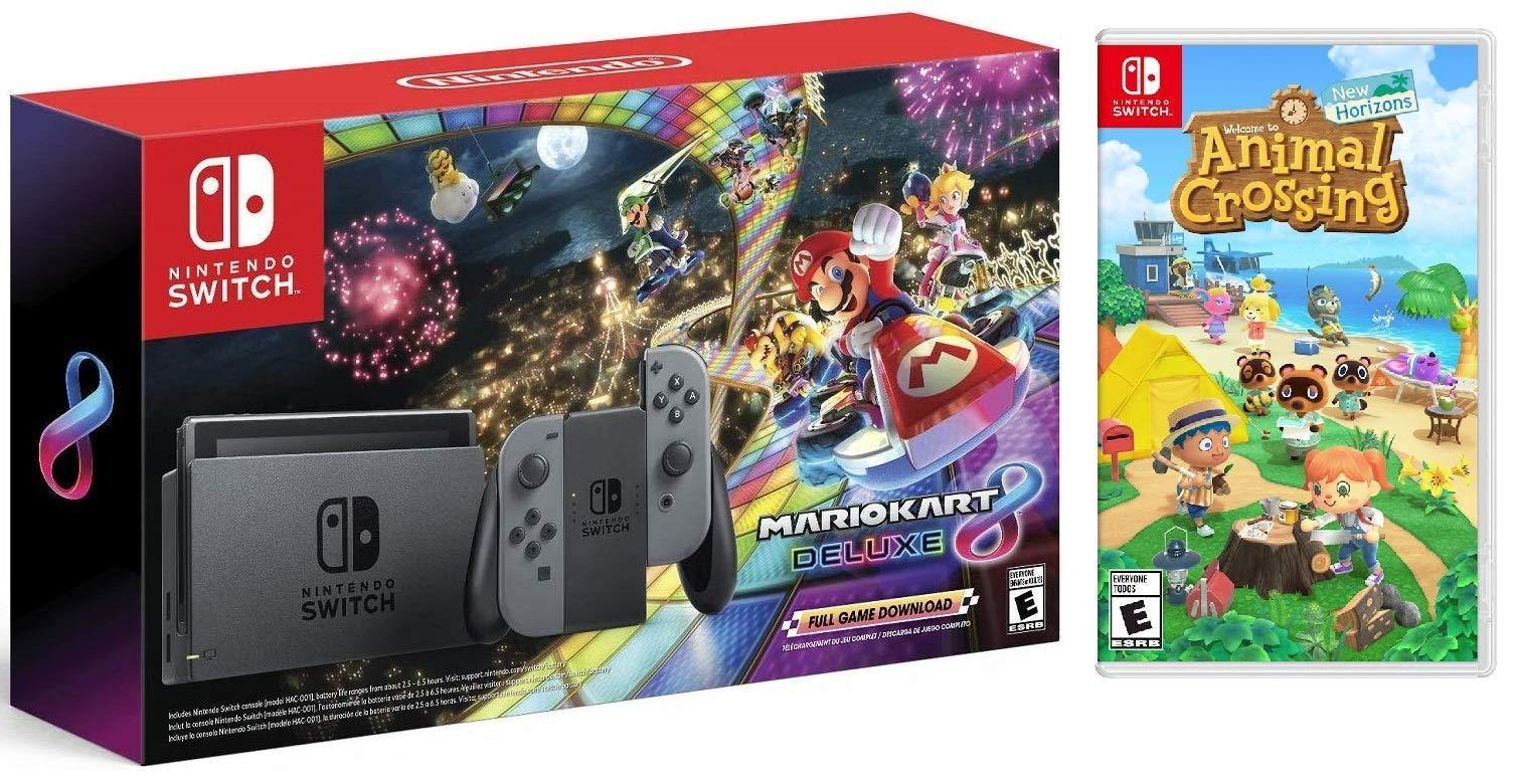 Nintendo Switch HAC 001 with Gray Joy-Con + Mario Kart 8 Deluxe (Full Game Download) & Animal Crossing: New Horizons (Disc) Game Bundle - JOY2ESpree