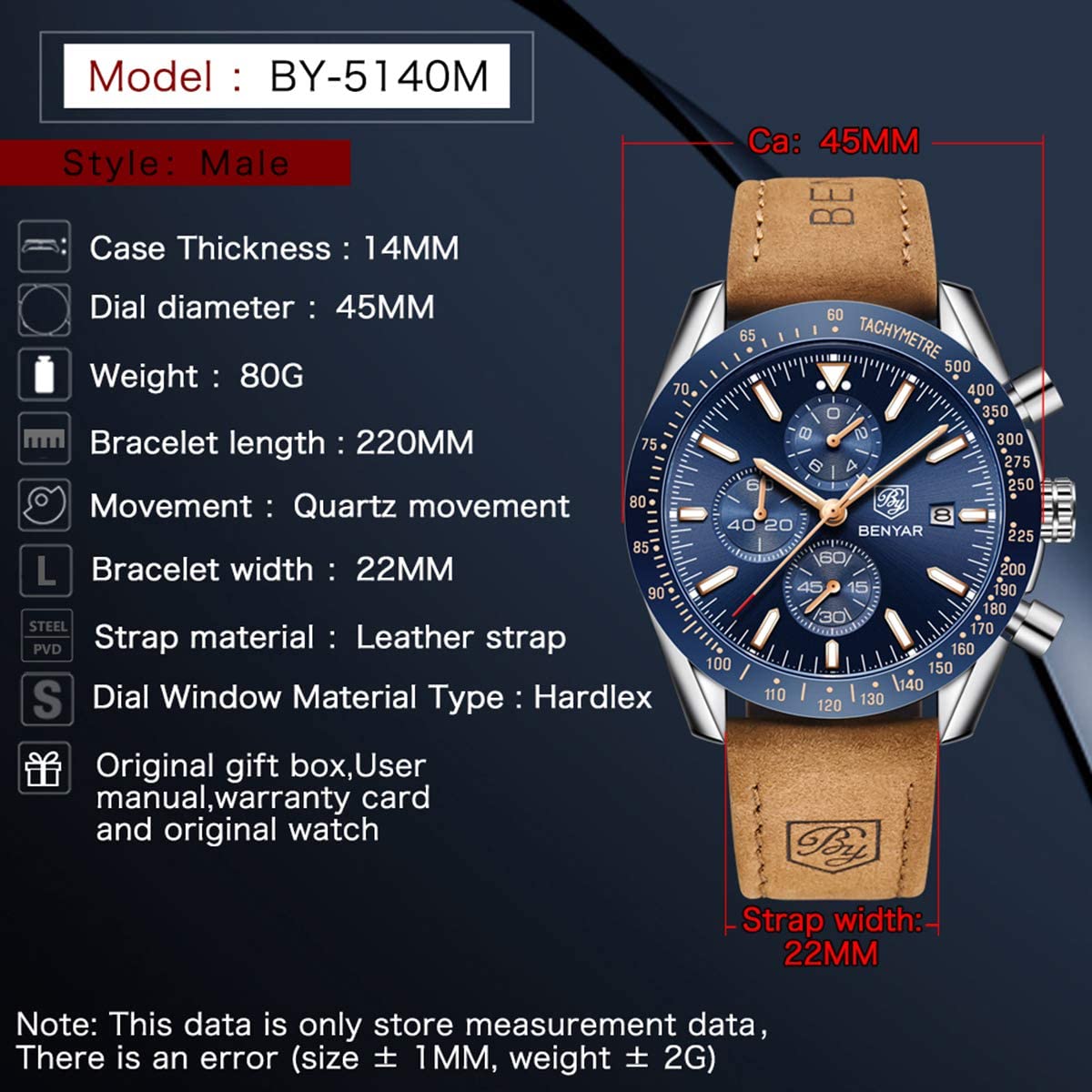 BENYAR Chronograph Mens Watch Quartz Movement 30M Waterproof | Leather Watch Strap