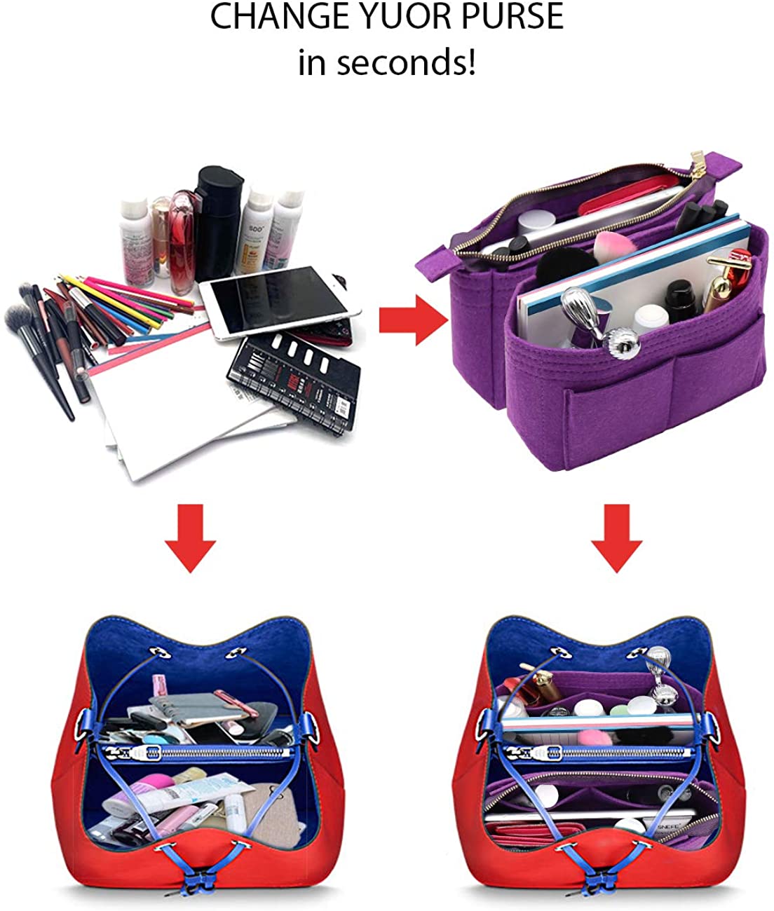 LEXSION Organizer,Bag Organizer,Insert purse organizer with 2 packs in one set fit LV NeoNoe Noé Series perfectly