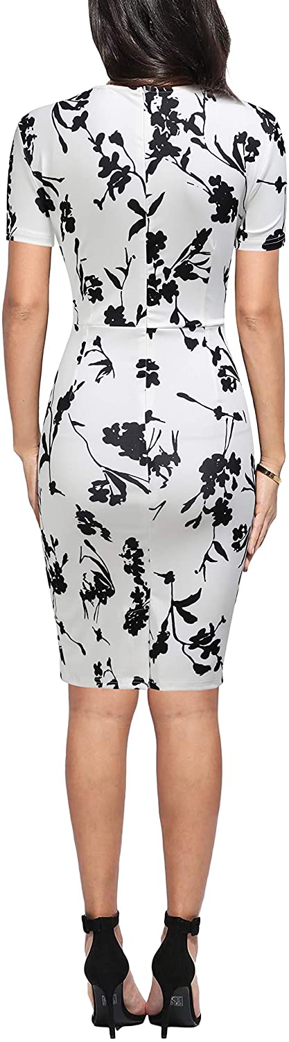 FORTRIC Women Printing Church Business Office Work Elegant Bodycon Pencil Dress