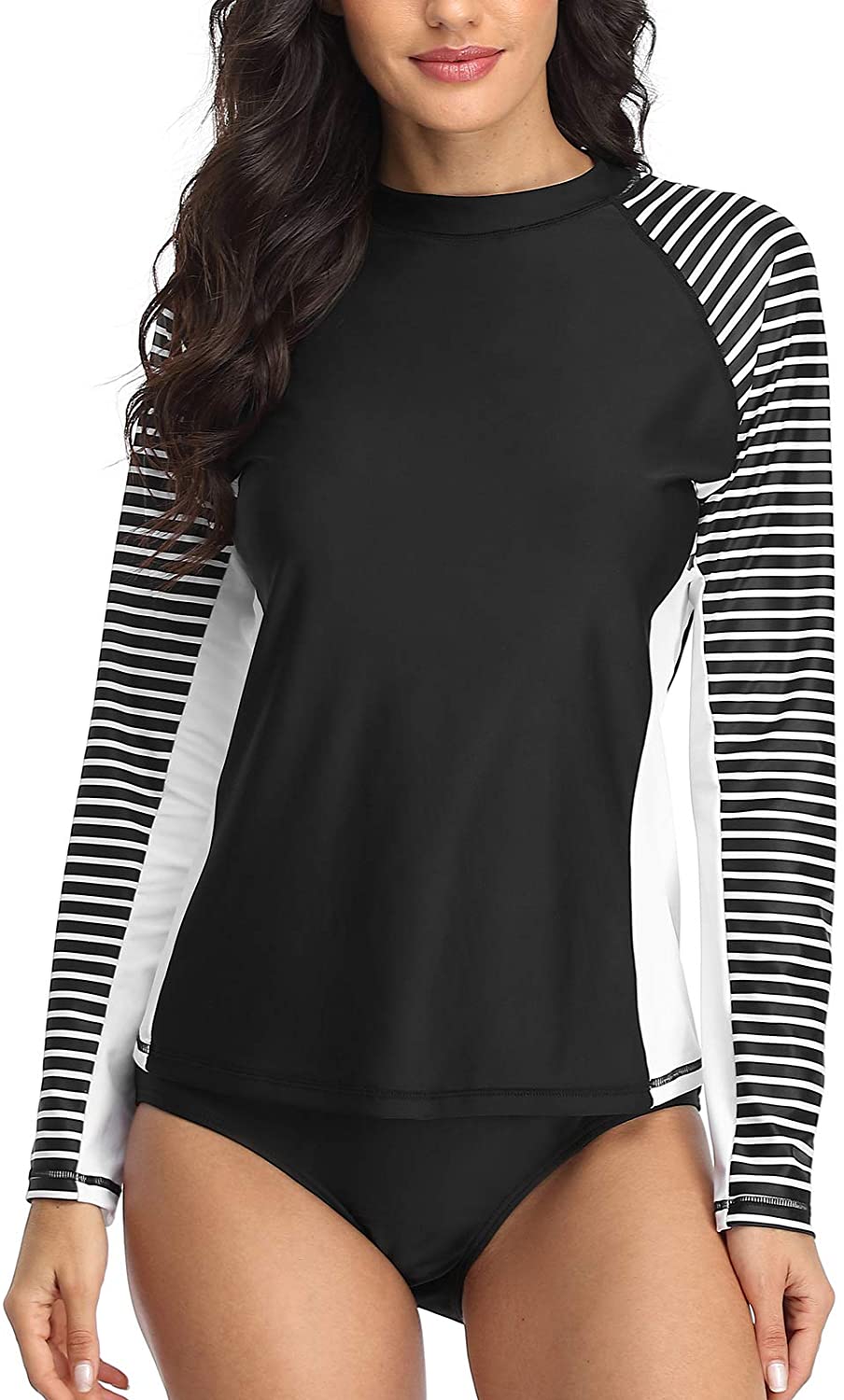 CharmLeaks Women's Long Sleeve Rashguard UPF 50 Sun Protection Swimsuit Top Striped Swim Shirts