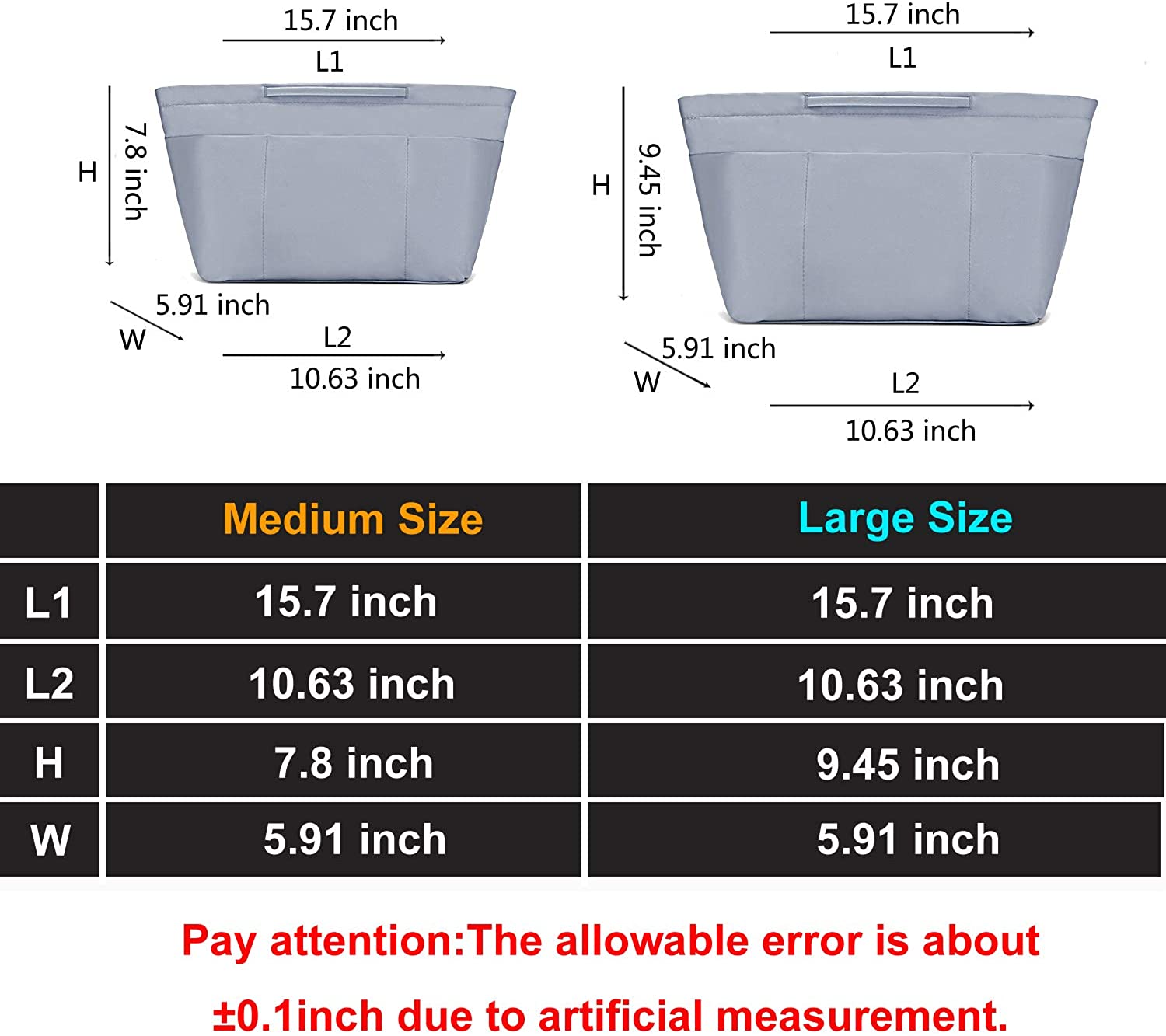 bridawn Nylon Tote Organizer Purse Insert Pocketbook Organizer Insert Handbag Divider with Handles Zipper Closure