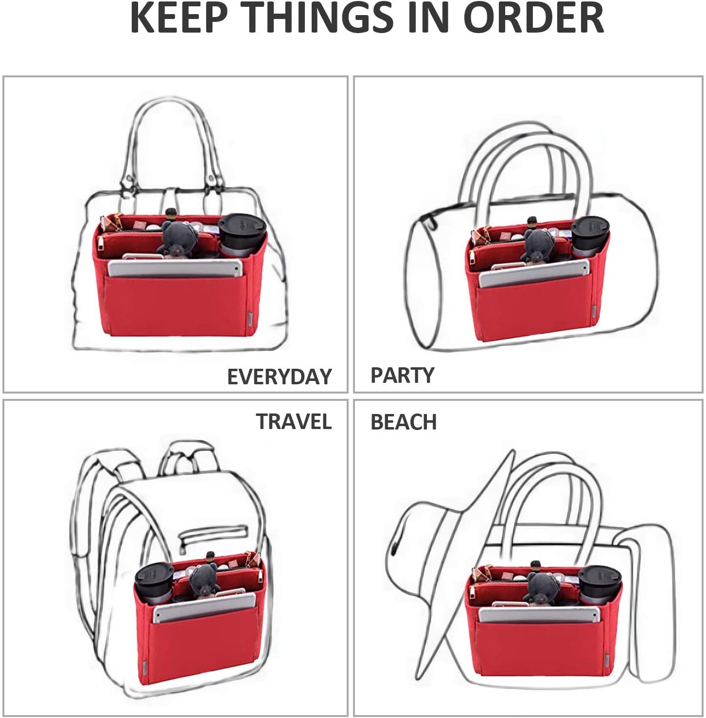 MA STRAP Purse Organizer with Detachable Zipper Pouch Multipurpose Felt Insert Bag Fit Speedy Neverfull Longchamp Tote