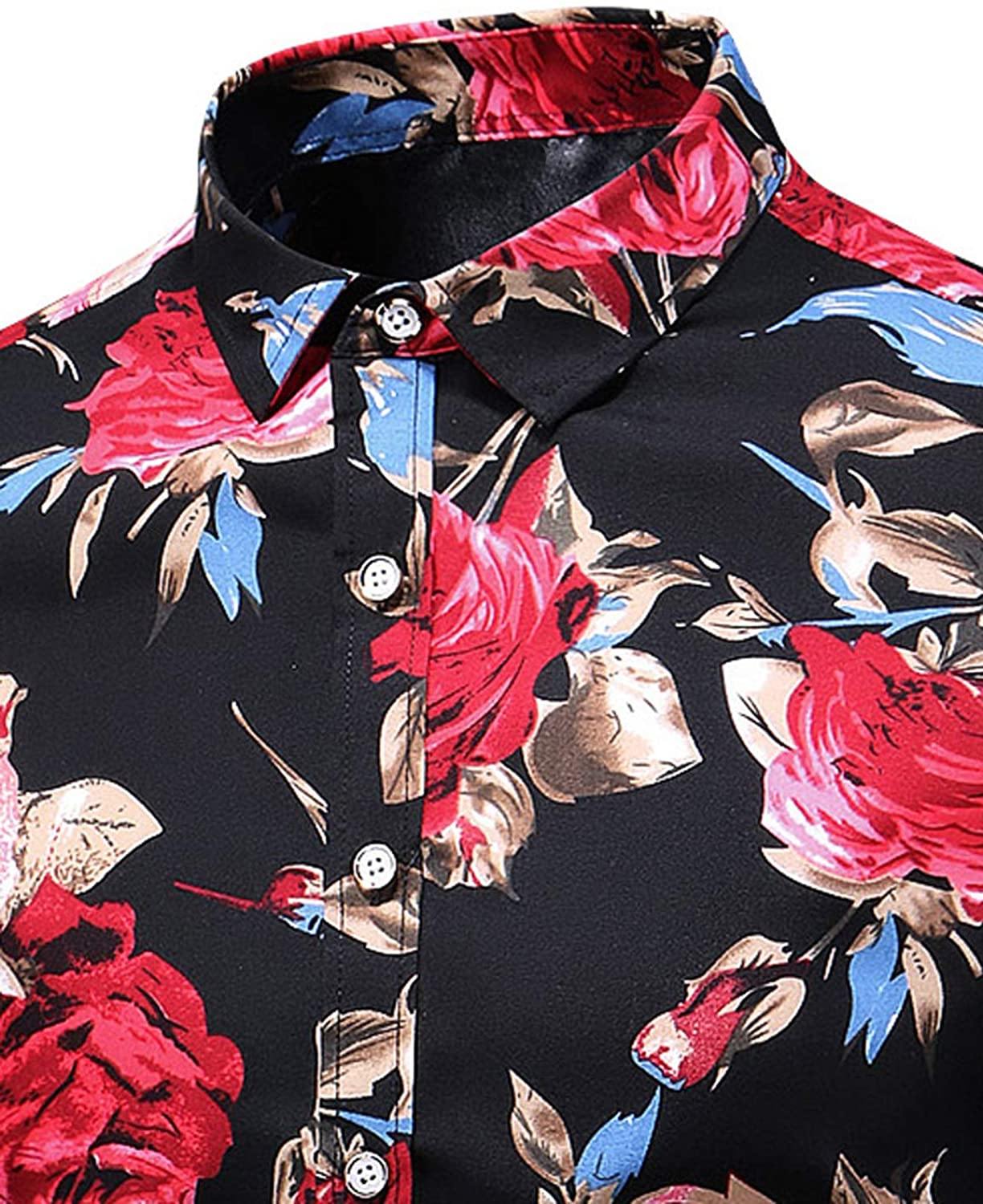 LEFTGU Men's Slim fit Floral Printed Beach Hawaiian Button-Down Dress Shirt